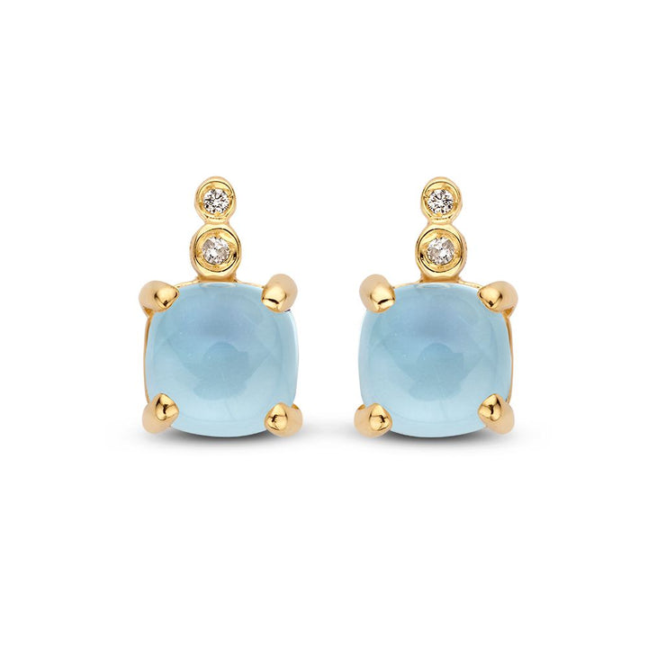 Stijlvolle Geelgouden Oorbellen met Cabochon Geslepen Blauwe Topaas en Diamanten 14 Karaat