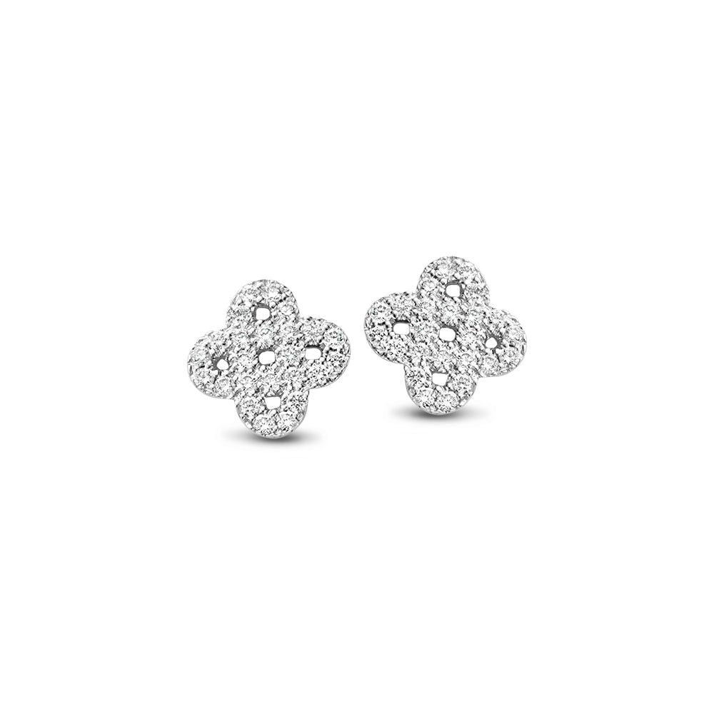 Białe złote kolczyki z diamentami w kształcie kwiatu, ozdobione 0,14 ct brylantów.