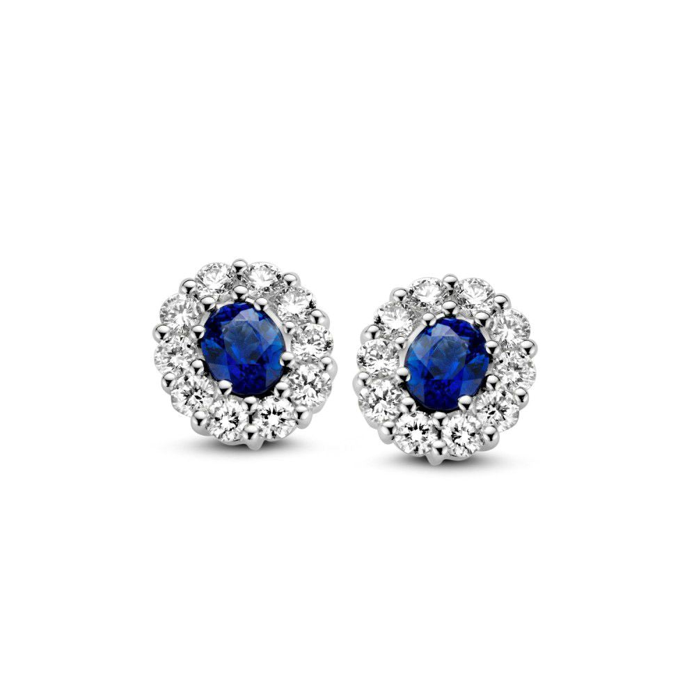 Srebrne kolczyki z niebieskim szafirem w otoczeniu diamentów, 14 karatów, 0,50 ct.