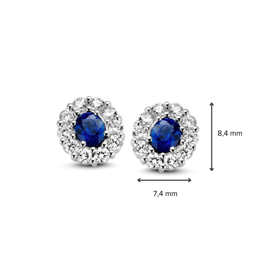 Kolczyki z białego złota z szafirem i diamentem w oprawie entourage – 14 karatów, 0.50 ct