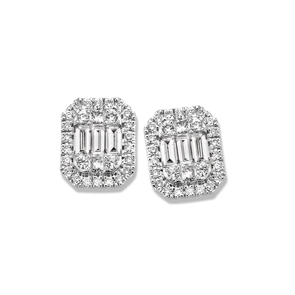 Srebrne kolczyki z diamentami baguette, o ośmiu rzęsach diamentów, w eleganckim kształcie.