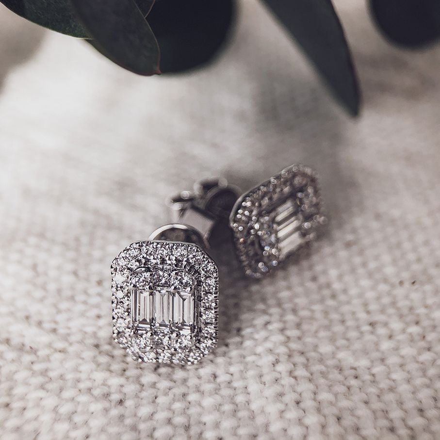 Kolczyki z białego złota z diamentami baguette – 14K kolczyki damskie, 0.80 crt diament
