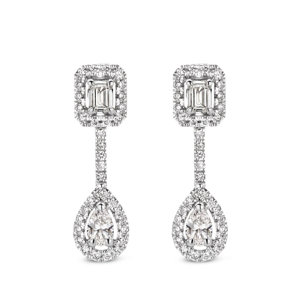 Białe złote kolczyki z diamentami – 1,04 karata – diamenty baguette, emerald i w kształcie gruszki.
