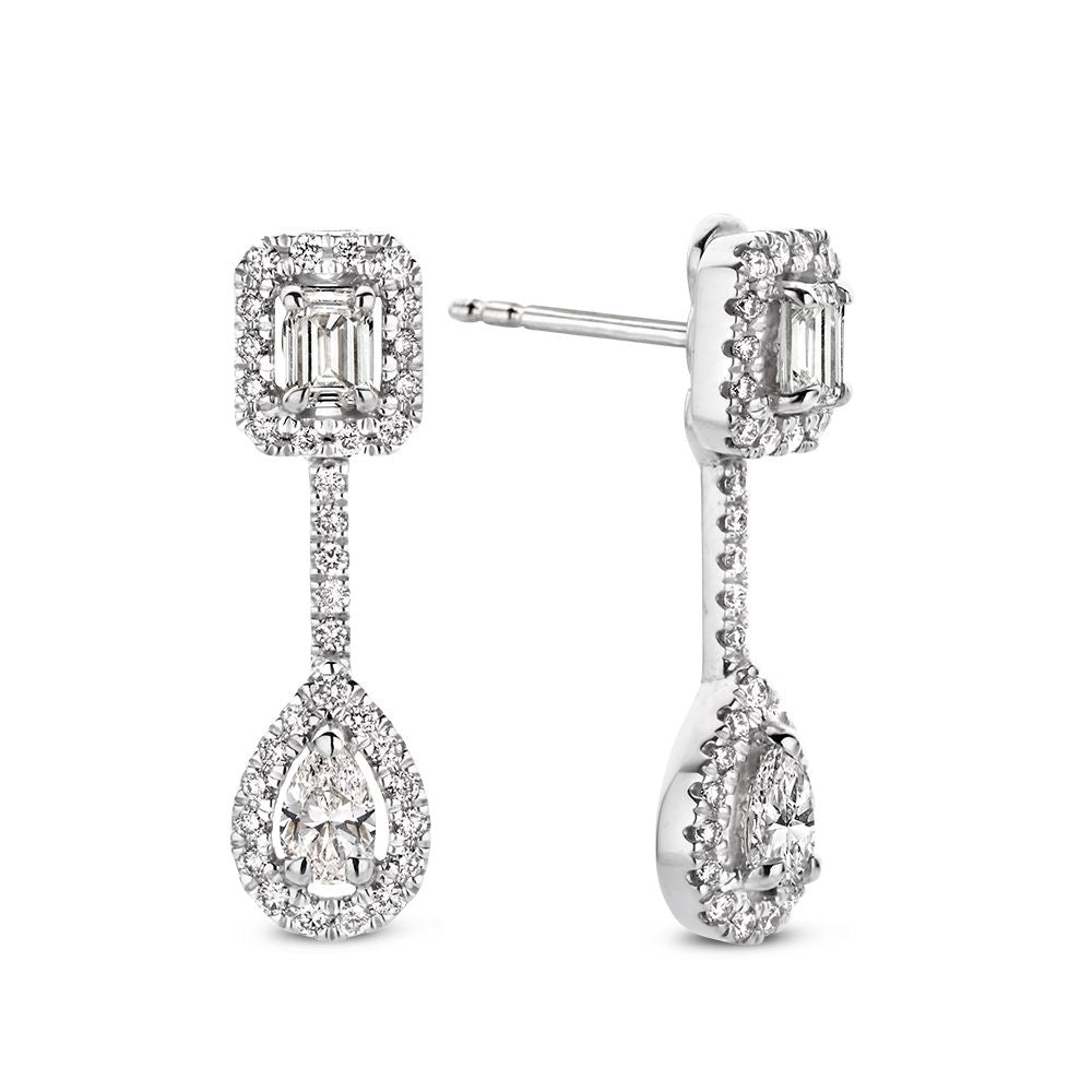 Kolczyki z Białego Złota z Diamentami – 1,04 Karata – Diamenty Baguette, Emerald i Gruszkowe