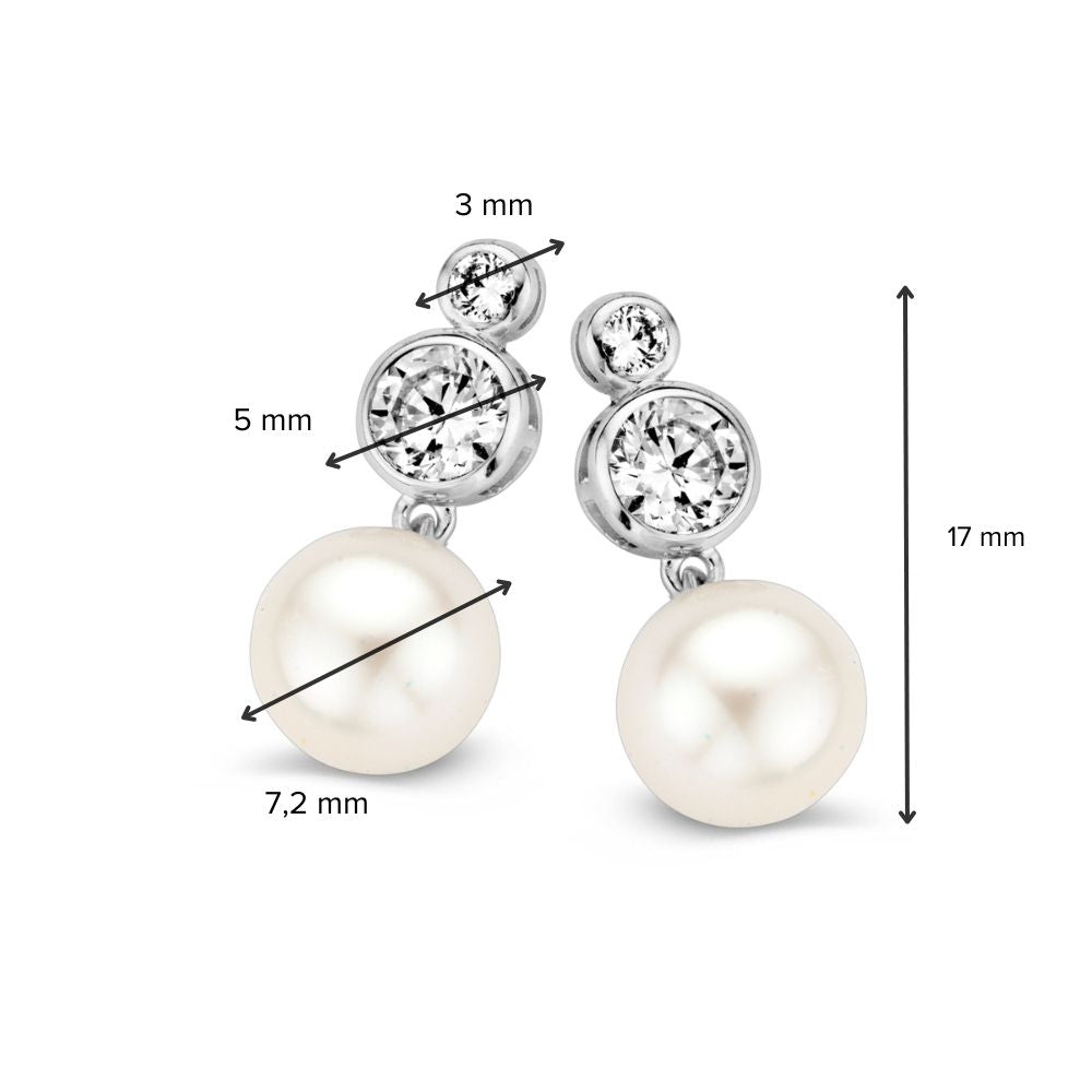 Kolczyki z białego złota z cyrkonią i perłą – 14K kolczyki damskie, 17 mm, zestaw z zatyczkami