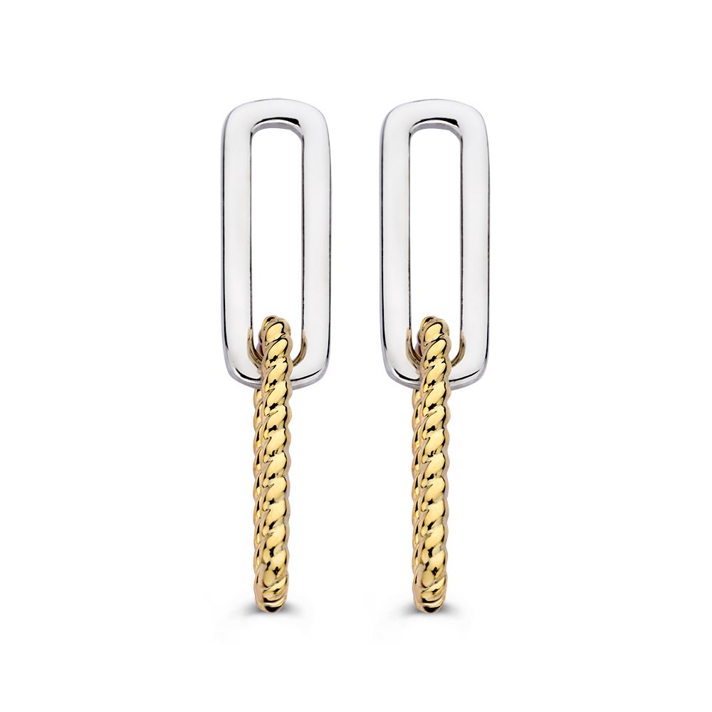 Srebrne kolczyki z 14K złotymi ogniwami w kształcie spinacza, nowoczesny design, długość 30 mm.