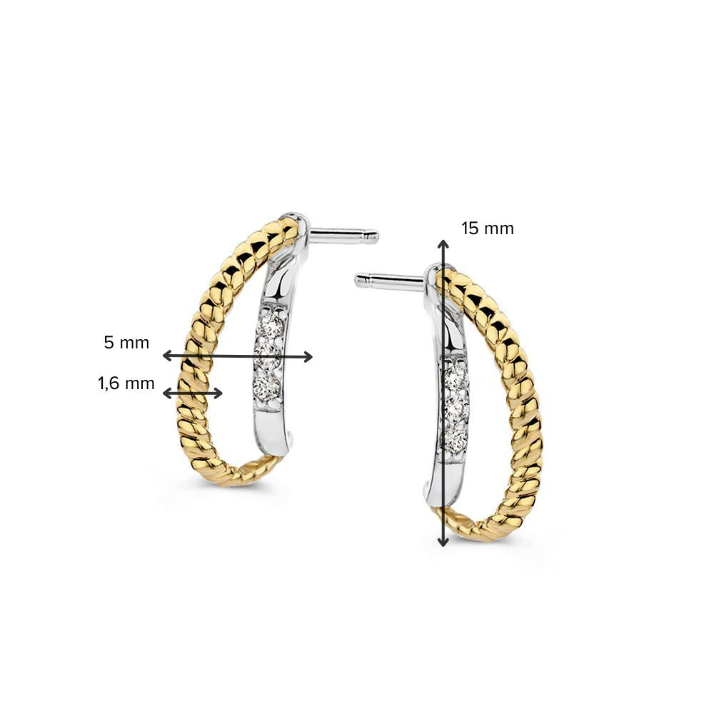 Srebrne Kolczyki z Skręconą Złotą Linią i Cyrkonią – 15 mm
