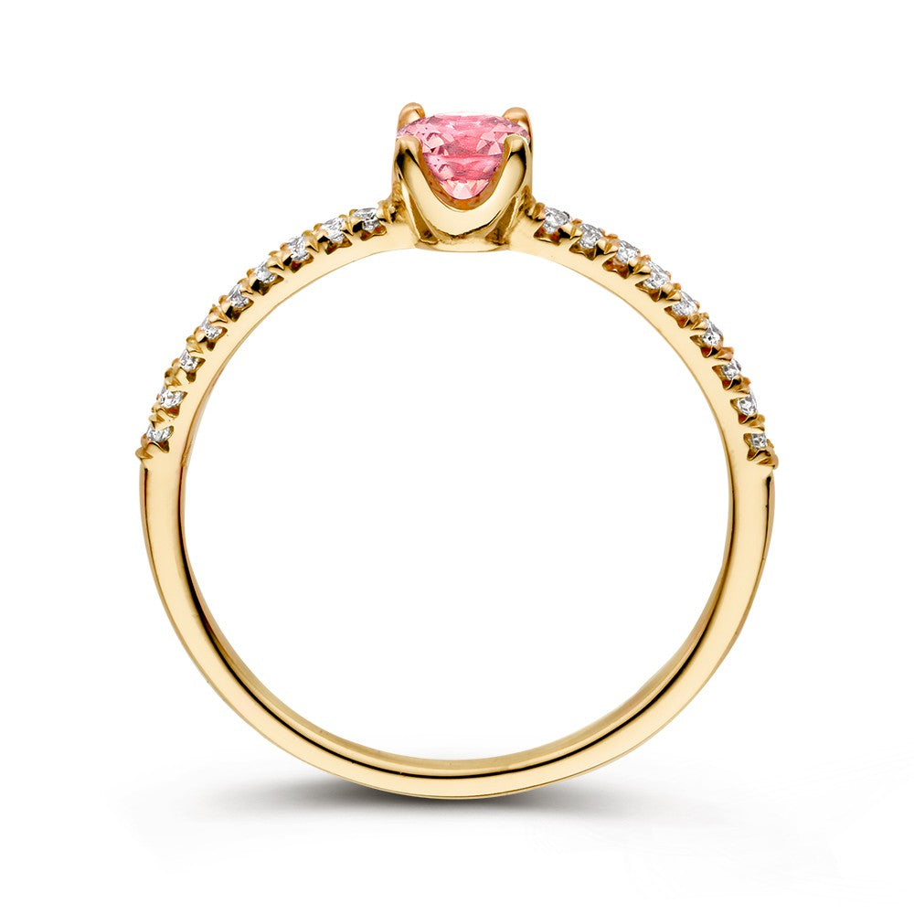 18kt Żółte Złoto Pierścionek z Różowym Szafirem i 0.15ct Diamentami - Elegancki