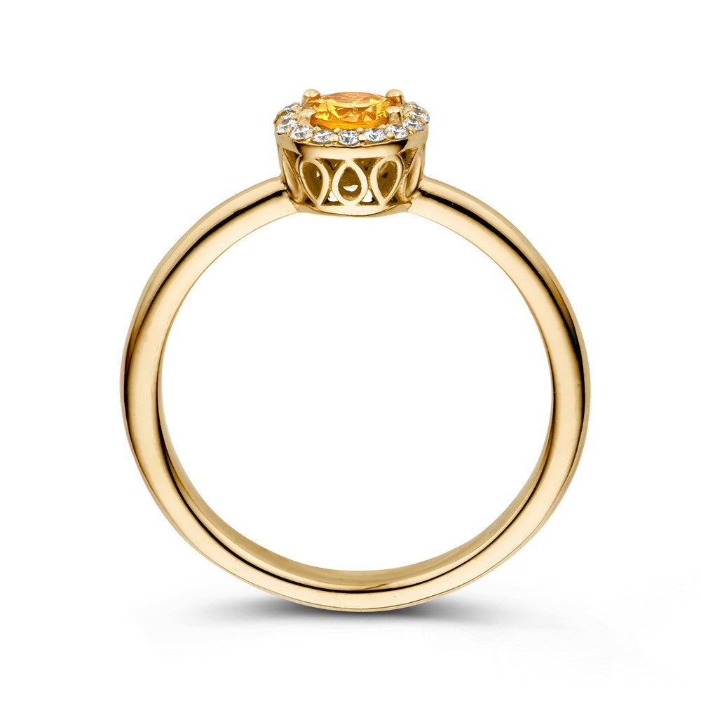 Luksusowy pierścionek z żółtego złota 18kt z pomarańczowym szafirem i 0.11ct diamentami