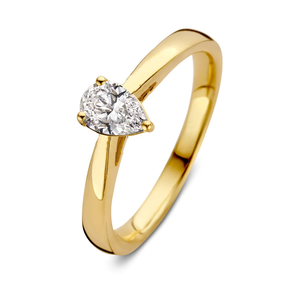 Geelgouden ring met een peervormige diamant van 0,30 crt, elegant en tijdloos ontwerp.