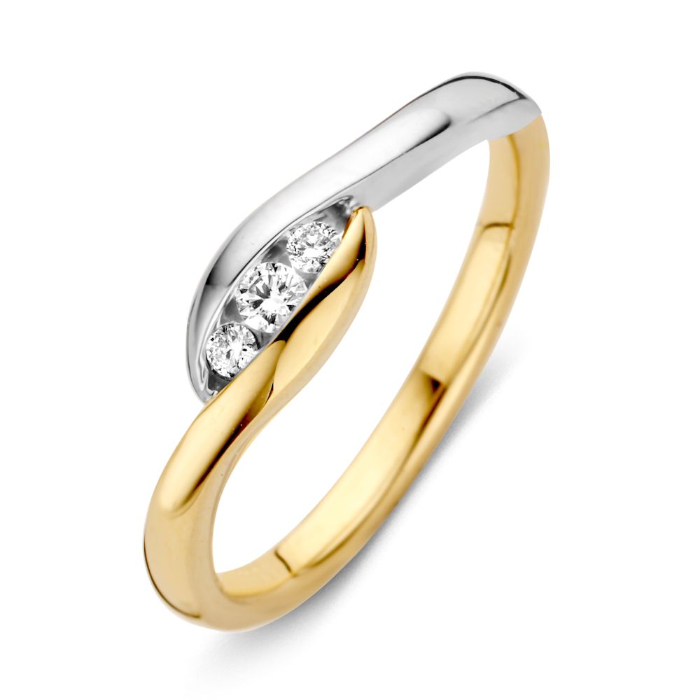 Bicolor gouden damesring van 14 karaat met briljant geslepen diamanten, met een golvende vorm en een glanzende afwerking.