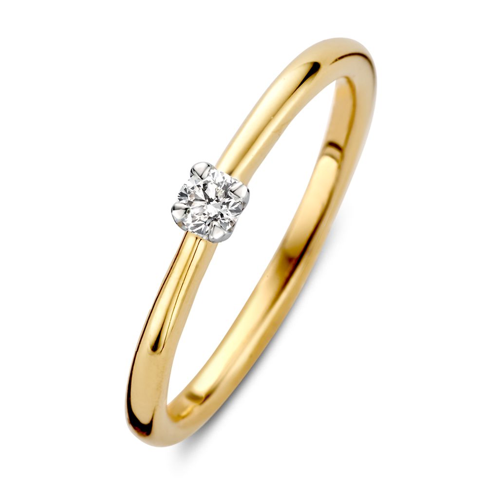 Bicolor ring van 14-karaats geel- en witgoud met een tulpzetting en een heldere diamant.