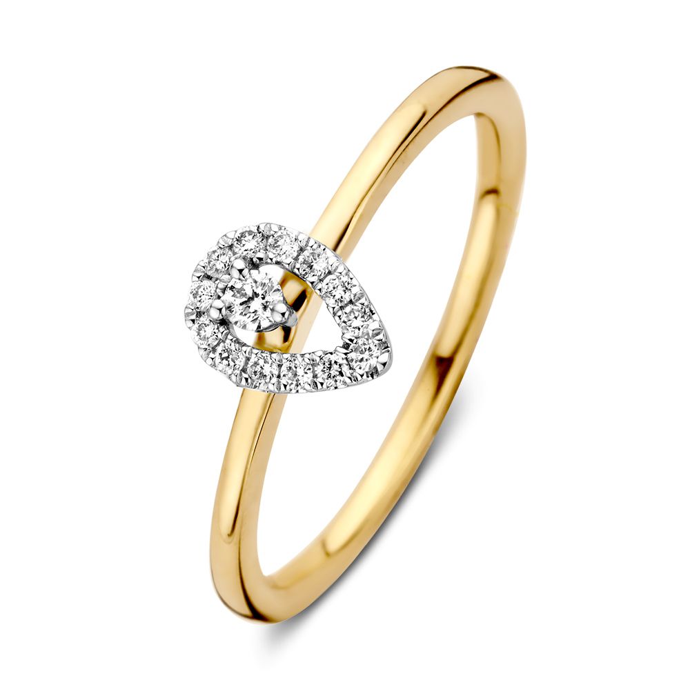 Bicolor damesring van geel- en witgoud met een hartvormige diamantsetting en 0.12 crt diamant.