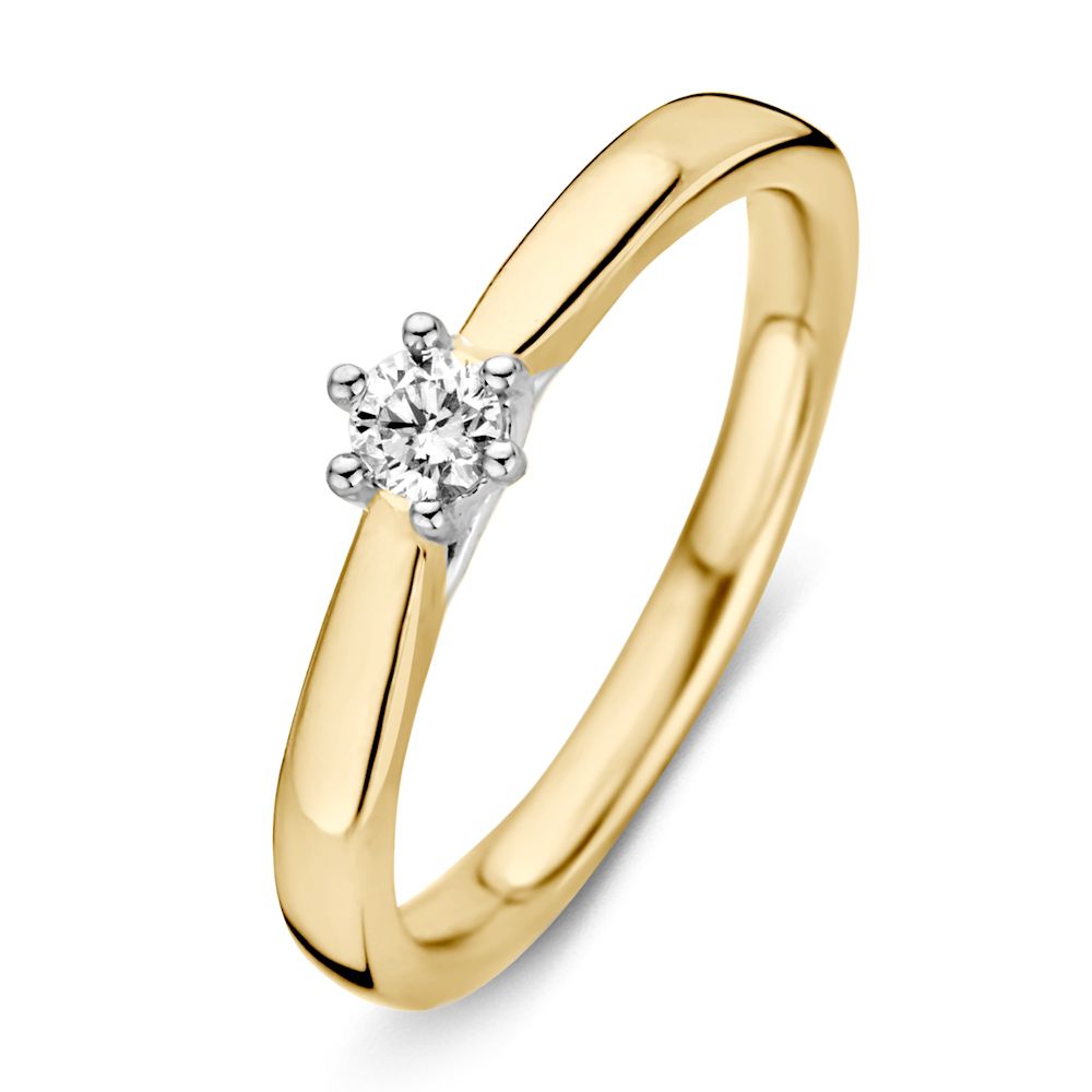 Bicolor damesring van geel- en witgoud met een 0.14 ct briljant diamant in het midden.