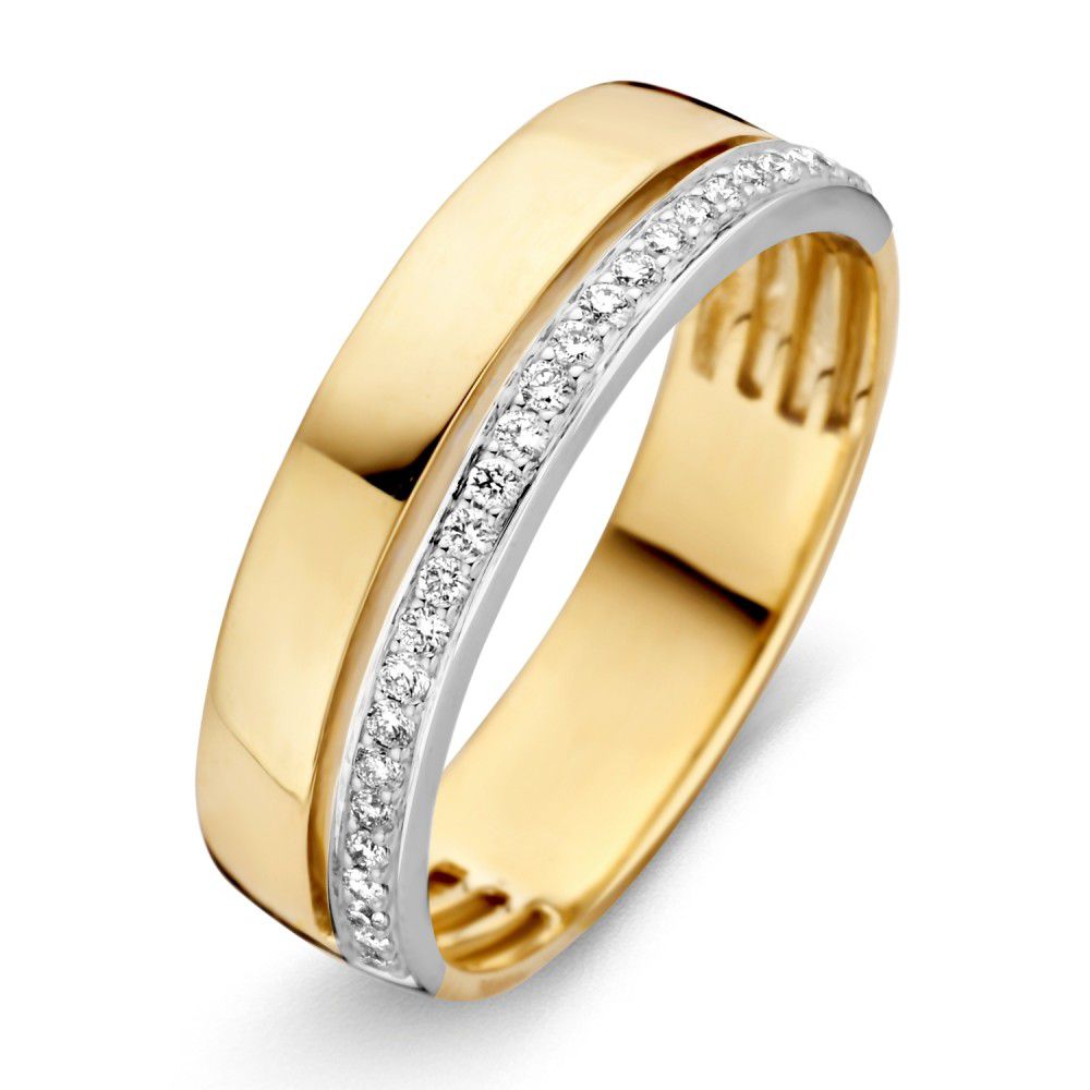 Pierścionek damski z 14K żółtego i białego złota, z 0,15 ct diamentem wzdłuż obrzeża.