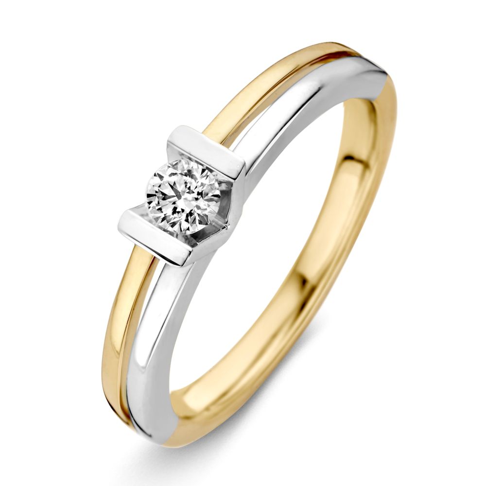 Bicolor damesring van 14K geel- en witgoud met een 0.18 ct briljant diamant in het midden.