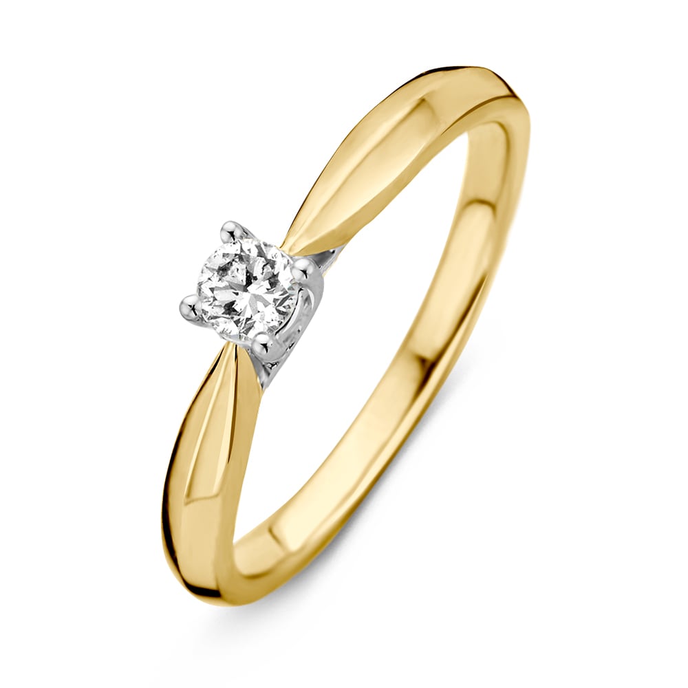 Bicolor złoty pierścionek z diamentami 0,19 crt, o delikatnym, eleganckim kształcie.