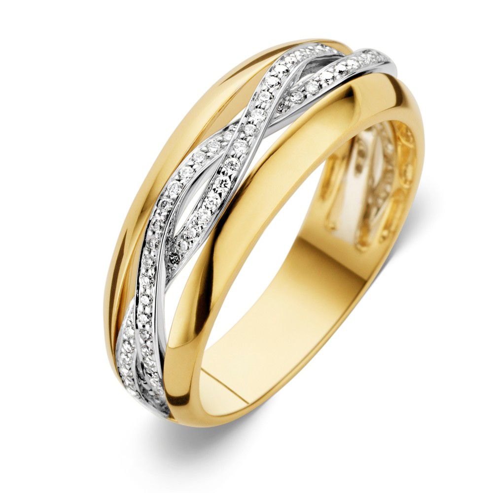 Bicolor pierścionek z żółtego i białego złota, ozdobiony diamentami o łącznej masie 0,22 ct.