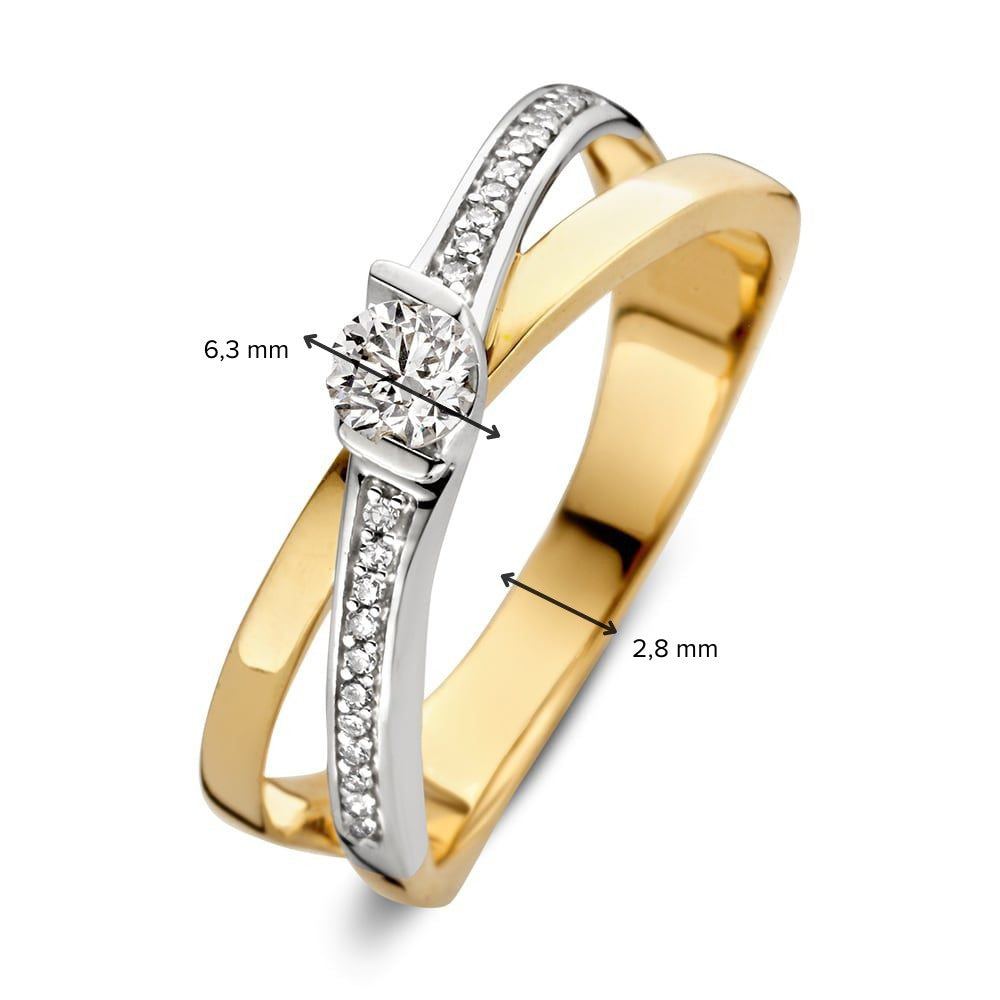 Bicolor Żółte i Białe Złoto Pierścionek z Diamentami – 0,22 ct Brylant i 22 Małe Diamenty
