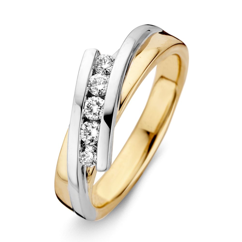 Bicolor pierścionek z żółtego i białego złota z pięcioma diamentami o łącznej masie 0,24 ct.