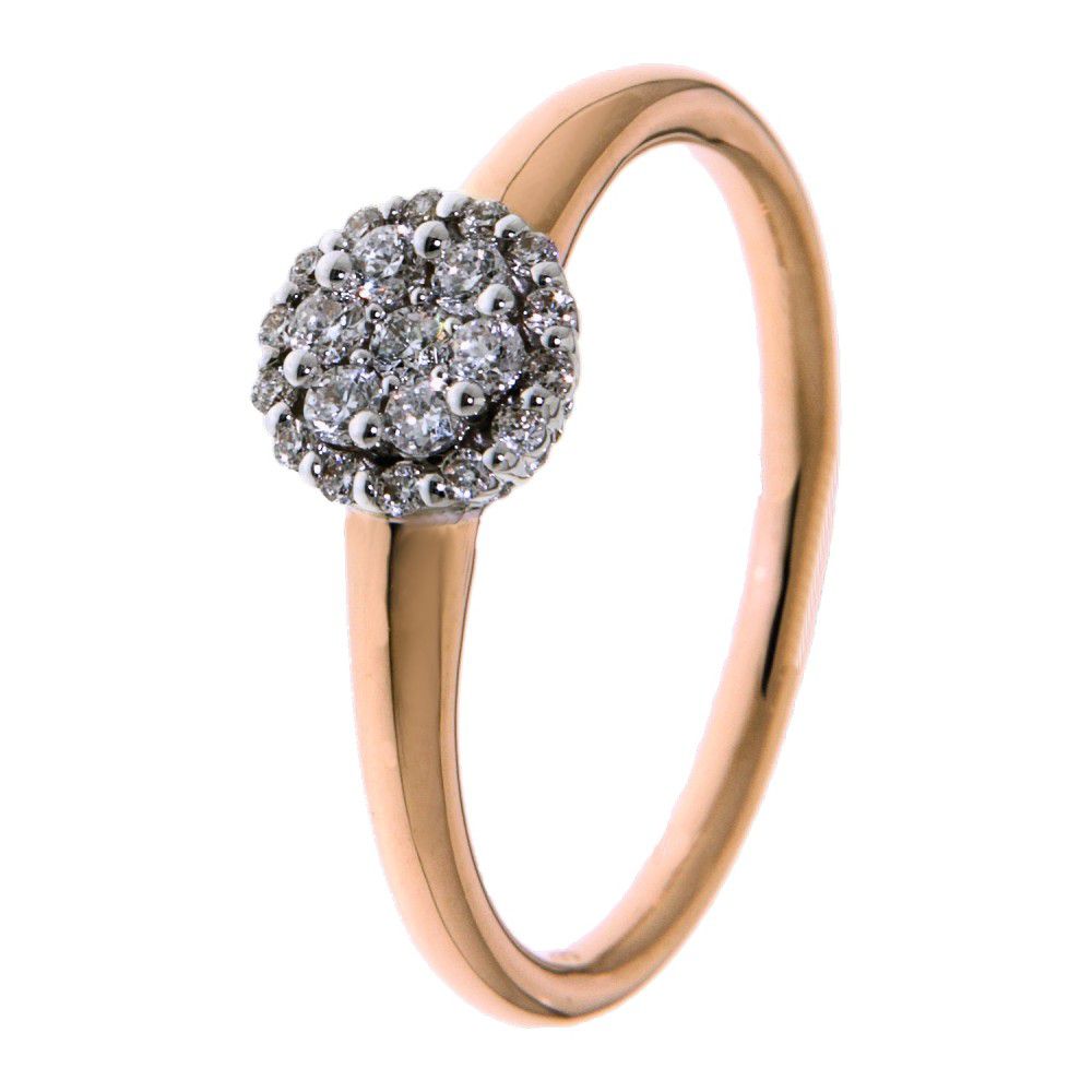 Bicolor ring van wit- en roségoud met een ronde, sprankelende briljant van 0,25 karaat.
