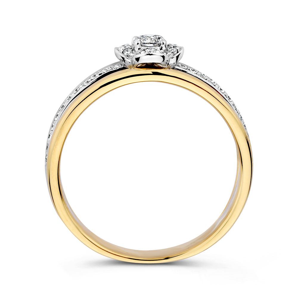 Bicolor Żółto/Białozłoty Pierścionek Damski z Diamentami w Kształcie Kwiatu – 0,28 ct Diamentów, 14 Karat
