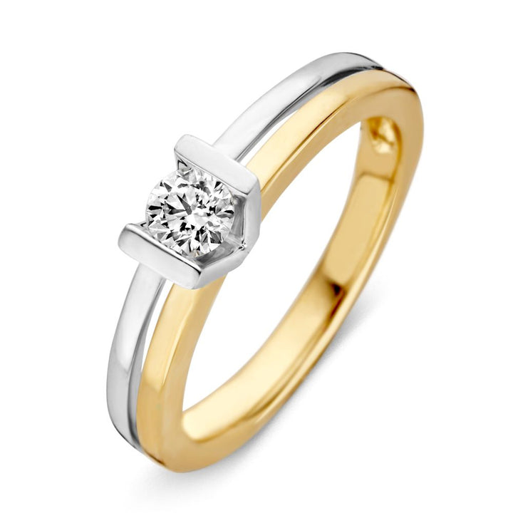 Bicolor Geel/Witgouden Damesring met 0,30 ct Diamant – Strak Design, 14 Karaat