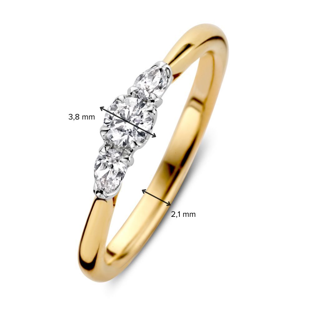 Elegancki pierścionek z trzema kamieniami szlachetnymi z diamentem i diamentami szlifowanymi w kształcie gruszki – 0.36 crt