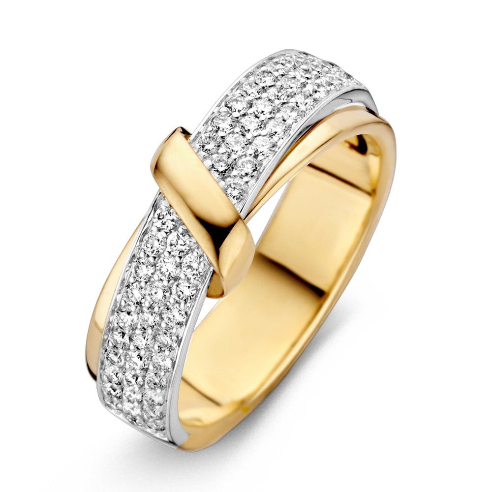 Bicolor damesring van geel- en witgoud met een diamantzetting, 14 karaat, met een glanzende afwerking.