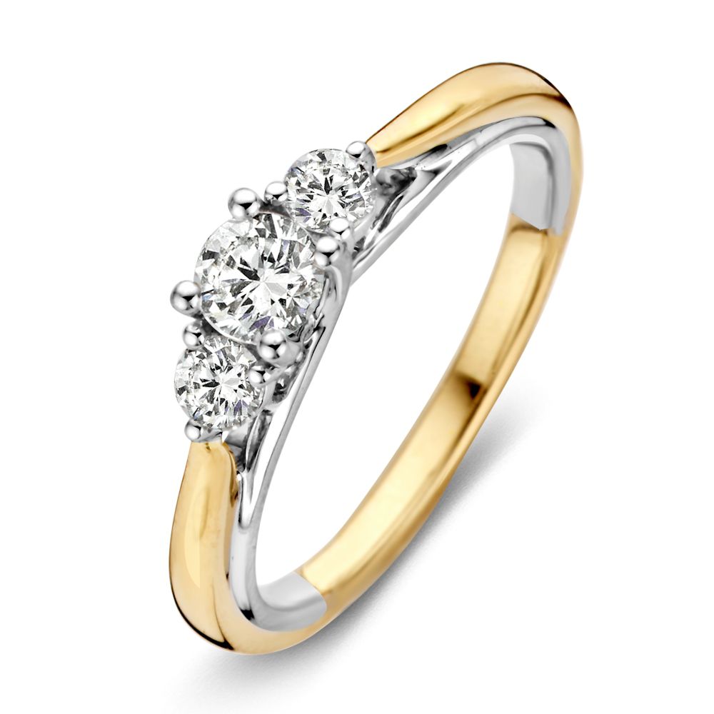 De Excellent Jewelry Bicolor Geel- en Witgouden Damesring met Diamant (0.51 crt) - 14 Karaat is een opvallende ring met geel- en witgoud en drie schitterende diamanten-perfect als unieke diamanten damesring.