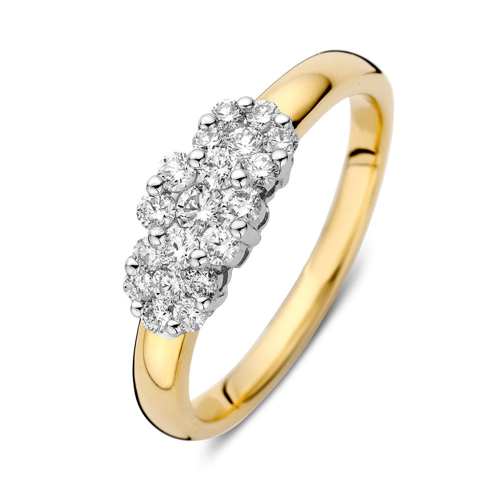 Bicolor pierścionek z diamentami o łącznej wadze 0,52 ct, z białym i żółtym złotem.