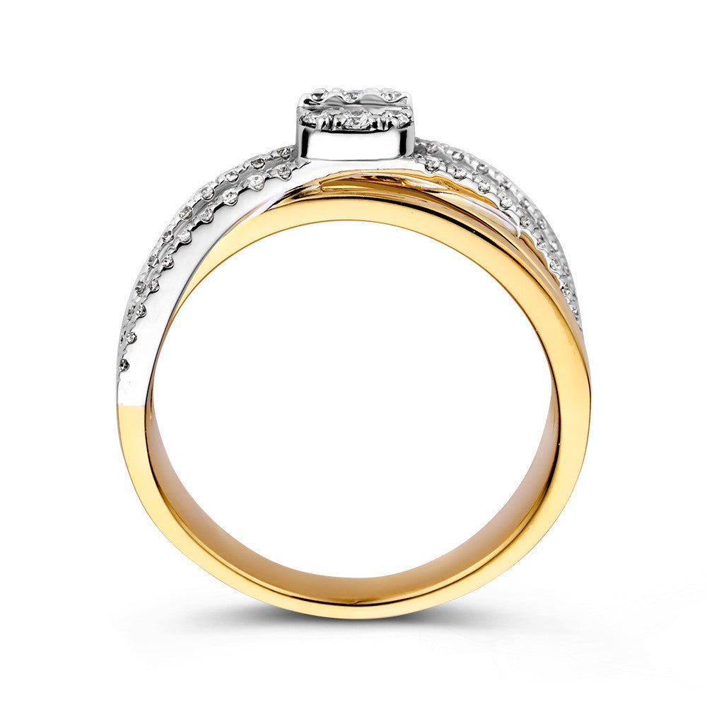 Luksusowy pierścionek crossover z diamentami baguette i brylantami o wadze 0,53 ct w 14k żółtym/białym złocie