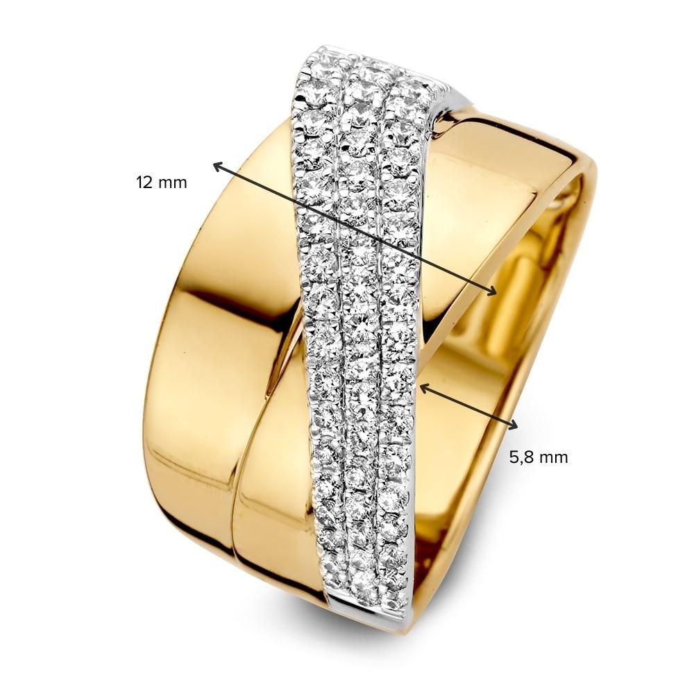 Szeroki pierścionek bicolor z żółtego i białego złota z diamentową oprawą pavé 0.56ct