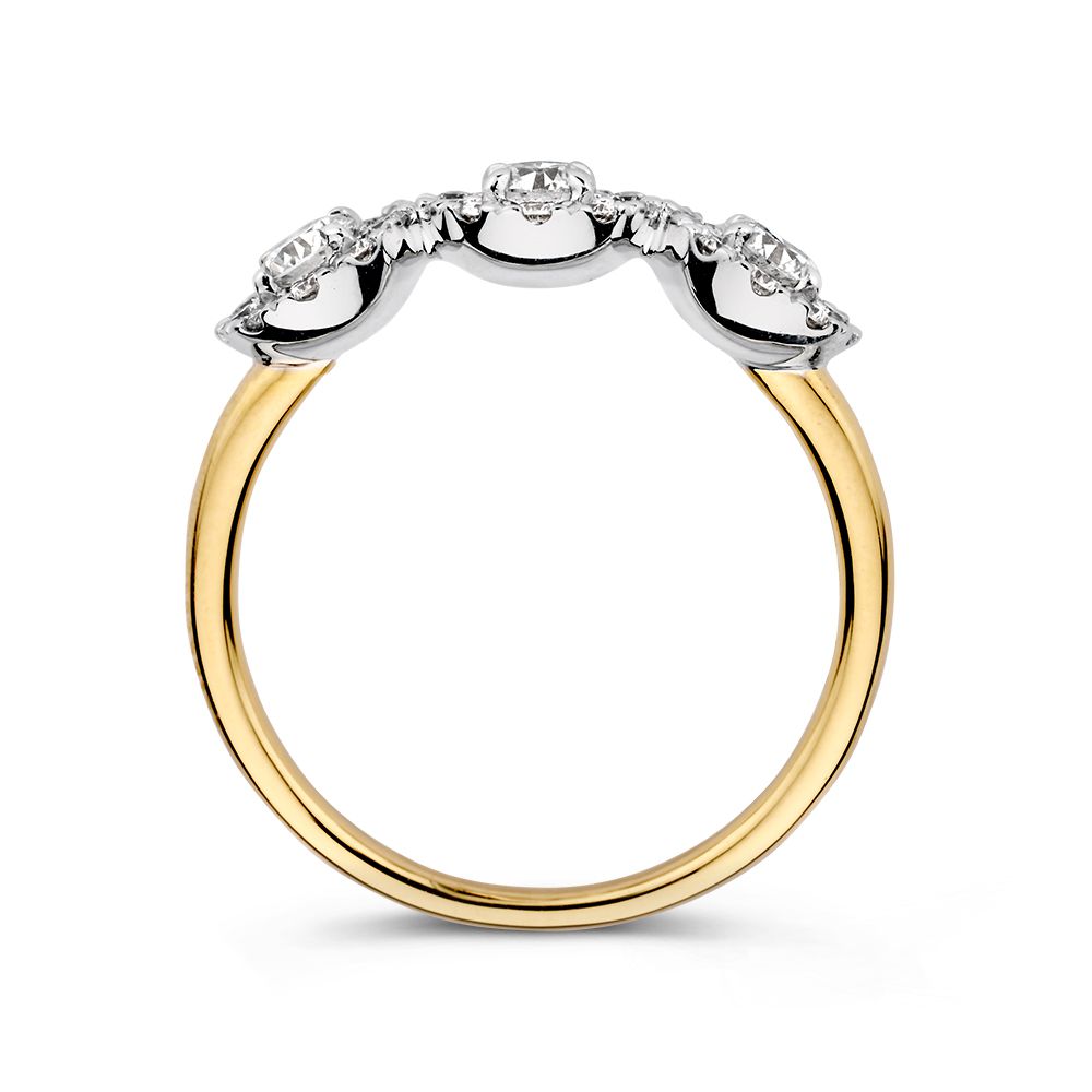 Bicolor złoty pierścionek z trzema diamentami 0.81ct H/SI-1 14 karat