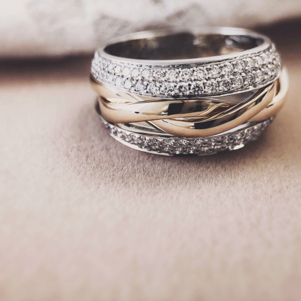 Bicolor złoty pierścionek z diamentem 0.87ct H/SI-1 14 karat