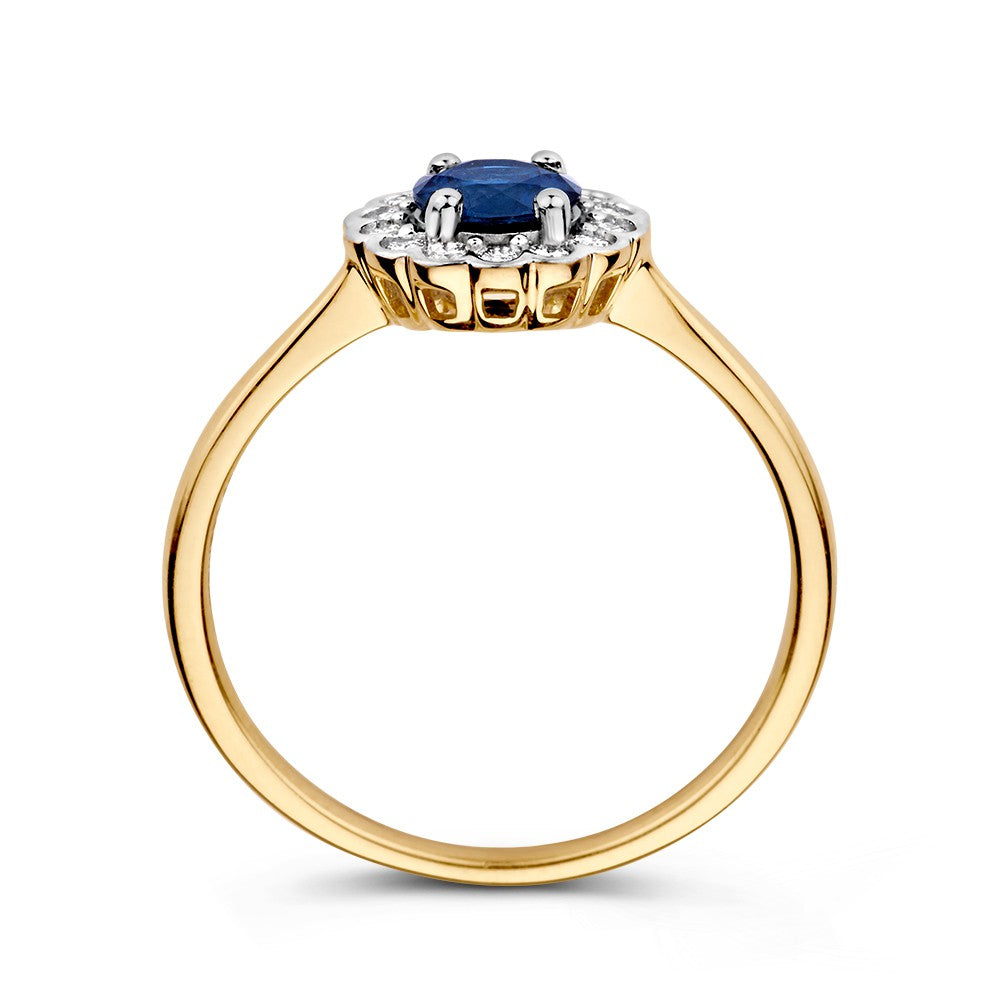 Klasyczny Złoty Pierścionek z Okrągłym Niebieskim Szafirem i 0.18ct Diamentami
