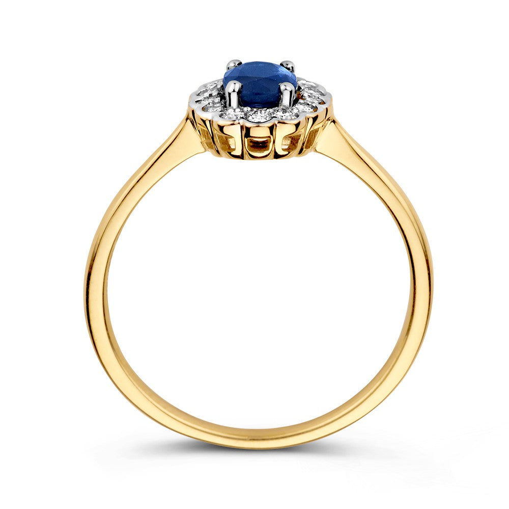 Klasyczny Złoty Pierścionek z Niebieskim Owalnym Szafirem i 0.18ct Diamentami