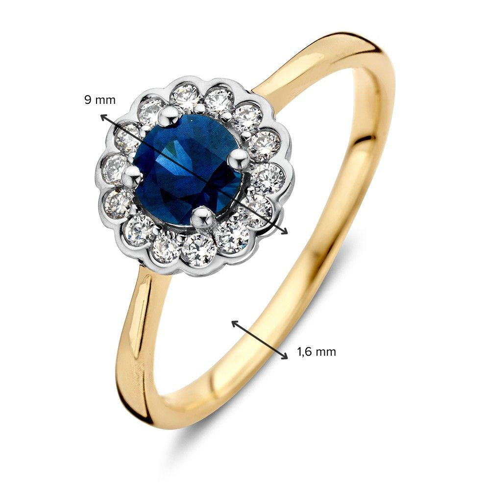Klasyczny Złoty Pierścionek z Okrągłym Niebieskim Szafirem i 0.18ct Diamentami