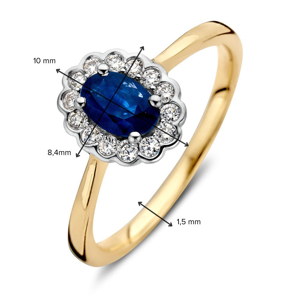 Klasyczny Złoty Pierścionek z Niebieskim Owalnym Szafirem i 0.18ct Diamentami