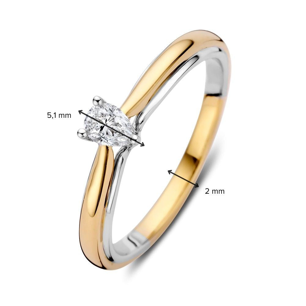 Pierścionek z 14k bicolor złota z diamentem w kształcie gruszki 0.23ct