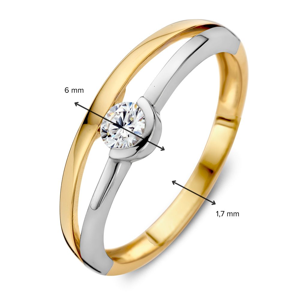 Bicolor Żółto- i Białozłoty Pierścionek Damski z Lśniącą Cyrkonią | 14 Karat Złoto | Elegancki Pierścionek o Szerokości 6 mm | Nowoczesna Luksusowa Biżuteria