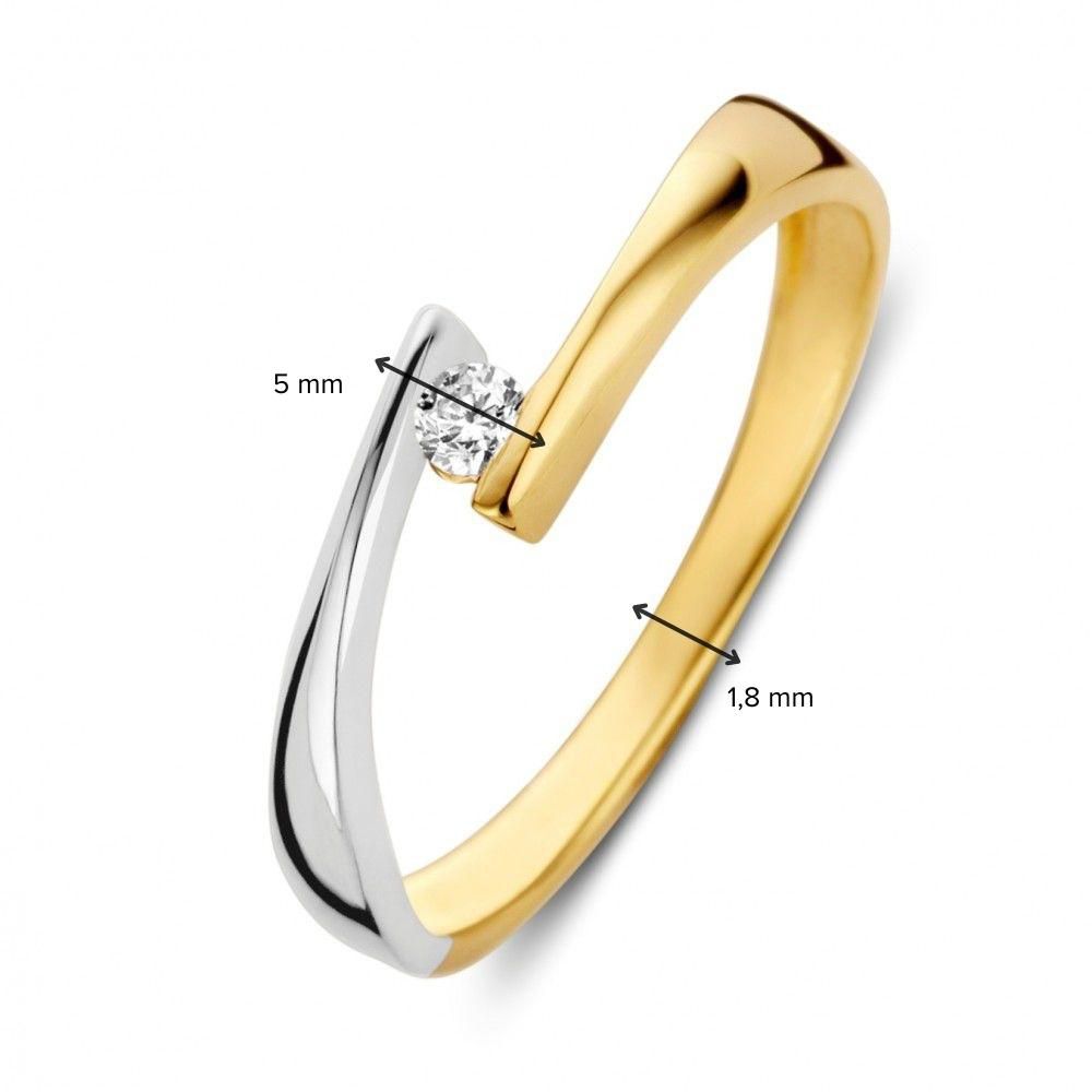 Bicolor pierścionek z białego i żółtego złota z białą cyrkonią 14 karat 5mm