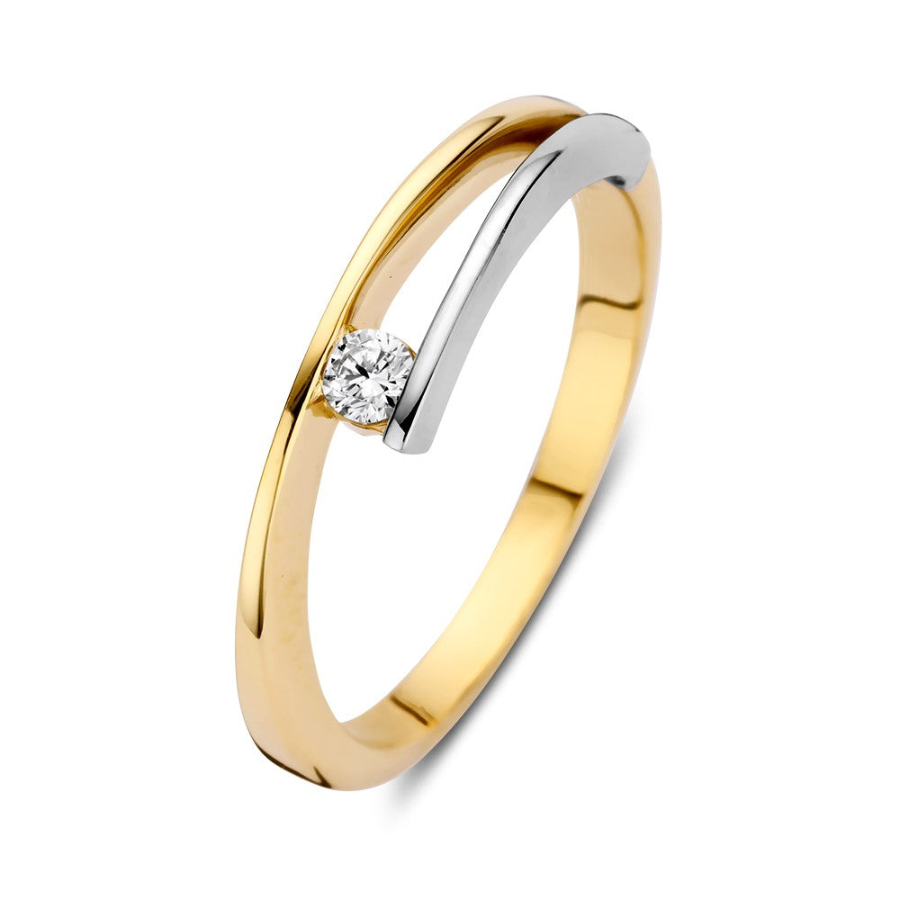 Bicolor ring van 14 karaat geel- en witgoud met een zirkonia, 5,5 mm breed.