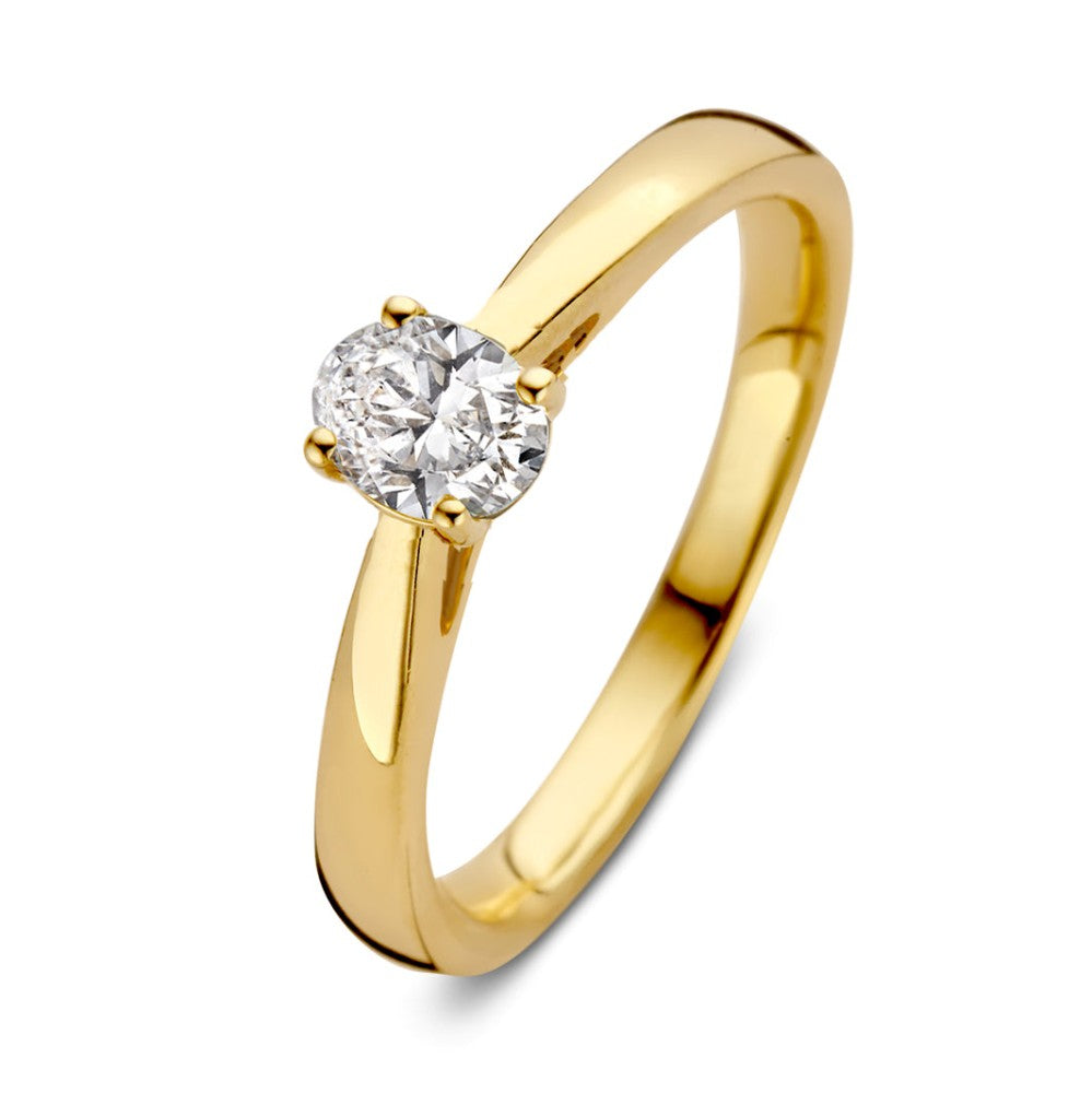 Geelgouden ring met een ronde diamant van 0,30 crt, eenvoudig en stijlvol ontwerp.