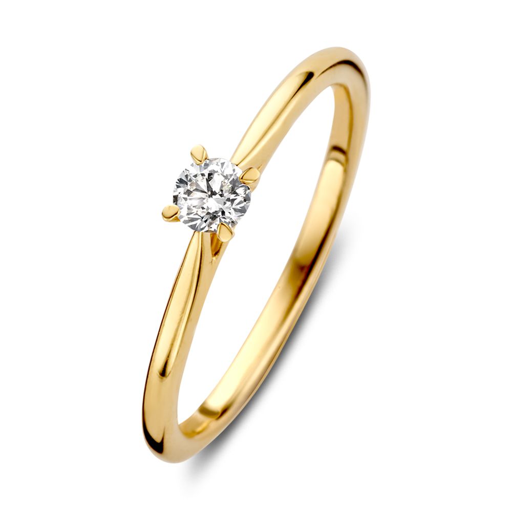 Żółta złota pierścionek solitarny z diamentem o wadze 0,17 crt, prosty i elegancki.