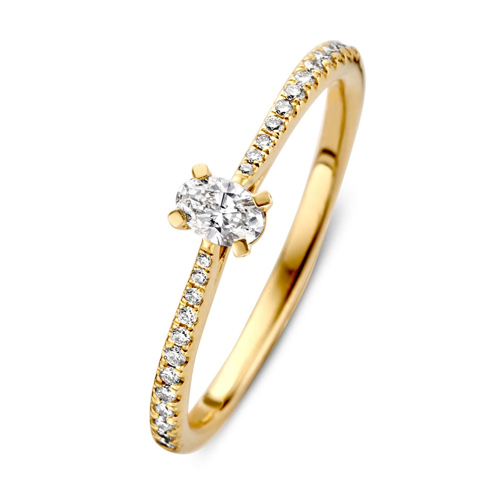 Żółta złota pierścionek z owalnym diamentem i diamentami, 14 karatów, 0,28 ct.