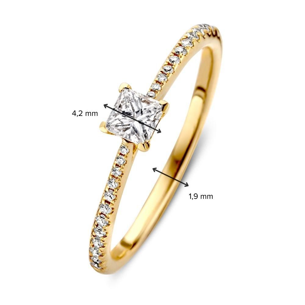 Wyszukany Żółte Złoto Damski Pierścionek z Diamentem Szlifowanym w Kształcie Księżniczki i Diamentową Bandą – 0.38 crt, 14kt Złoto, H/SI-1 Jakość, Ponadczasowy Design
