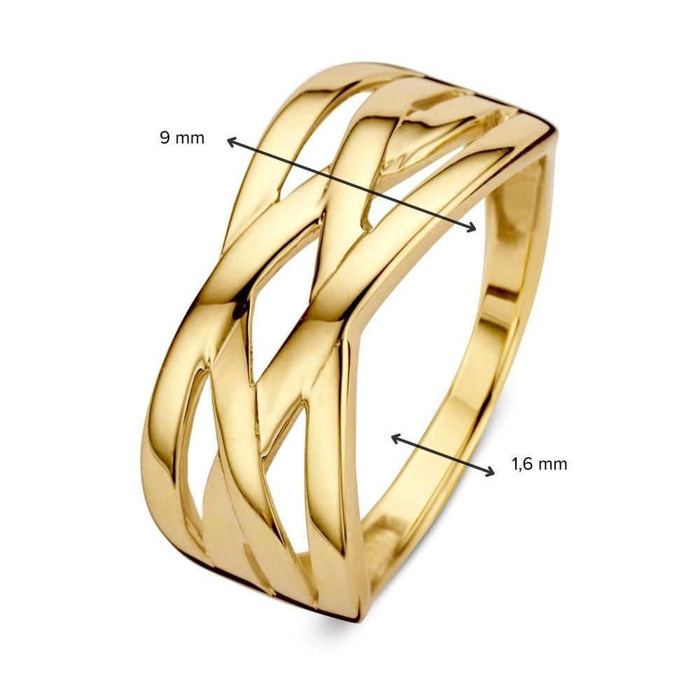 De Geelgouden Damesring van Excellent Jewelry, vervaardigd uit 14 karaat goud, kenmerkt zich door een eenvoudig en elegant ontwerp met een opengewerkt patroon. Rassen variëren van 9 mm tot 1,6 mm.