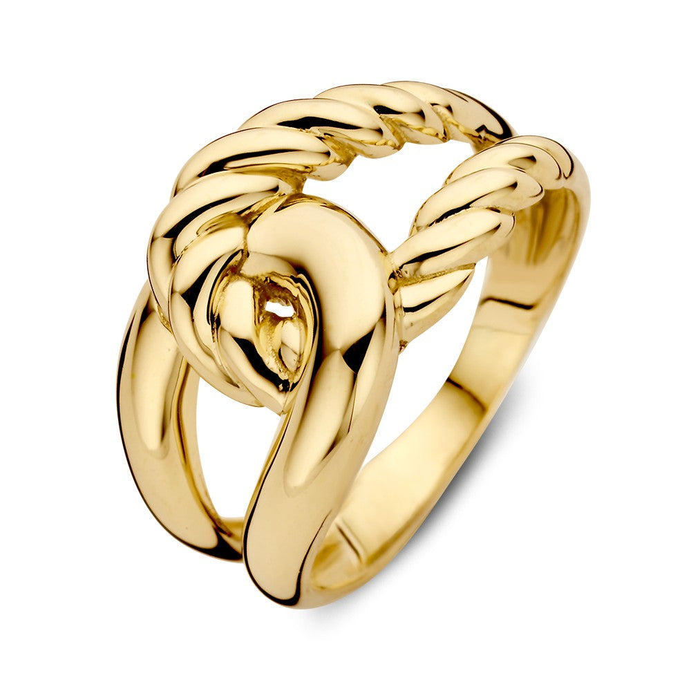 Żółty złoty pierścionek z plecionym węzłem, 14kt, szerokość 12 mm.