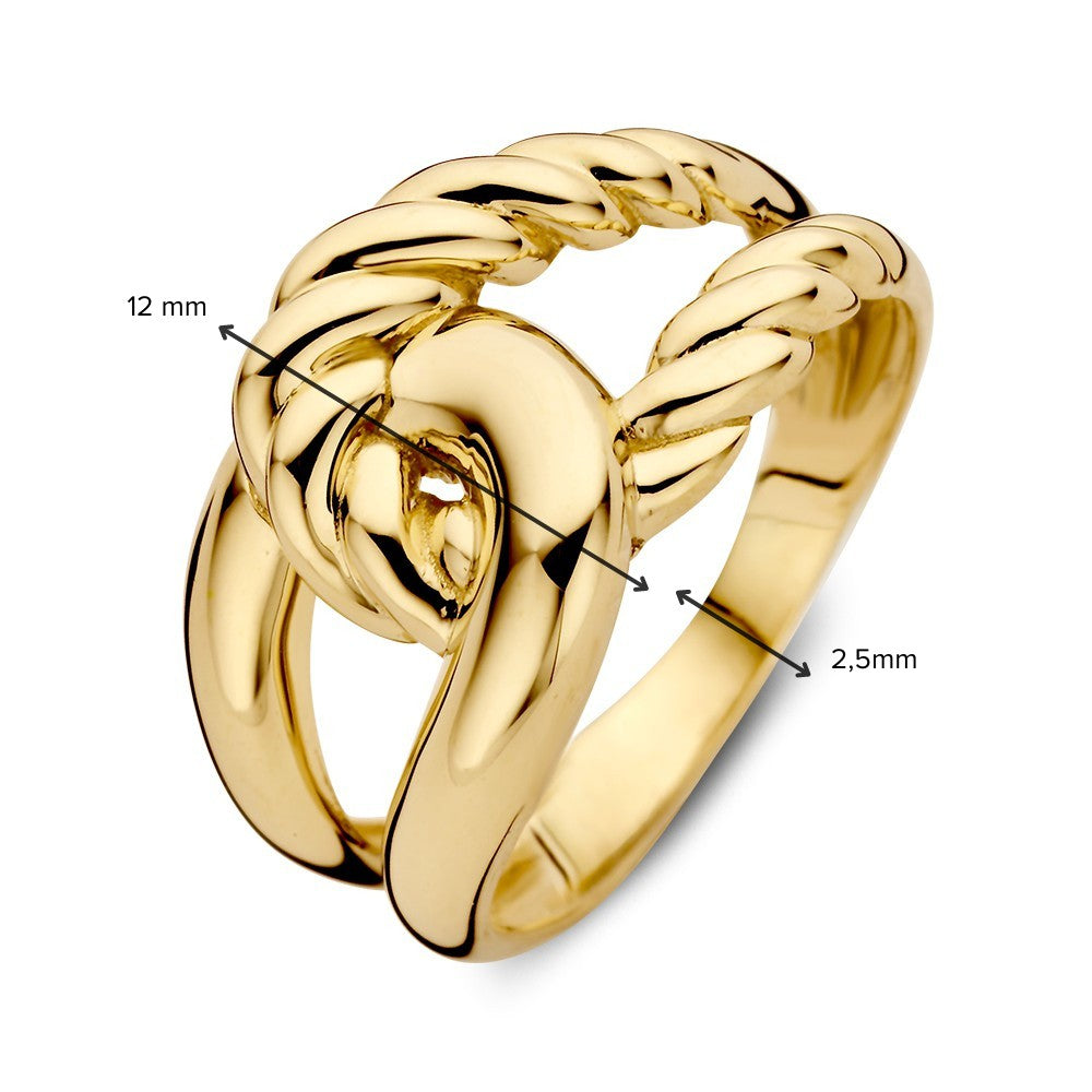 Żółtozłoty pierścionek z skręconym węzłem – 14kt złoto, 12 mm szerokości, 3.4 grama